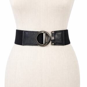 Vintage Y2K Black Stretch Waist Belt O Ring Hook Closure Wide Elastic Size Small